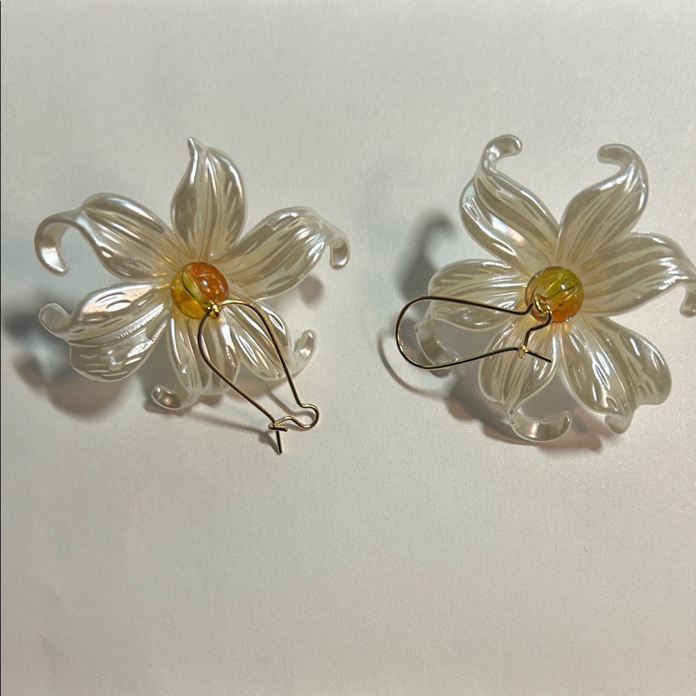 Pearlescent Floral Drop Earrings with Amber Center